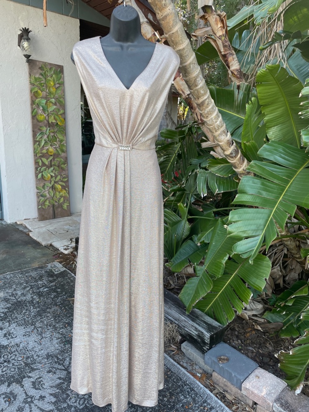 Tahari silver platinum gown with the jewel waistband